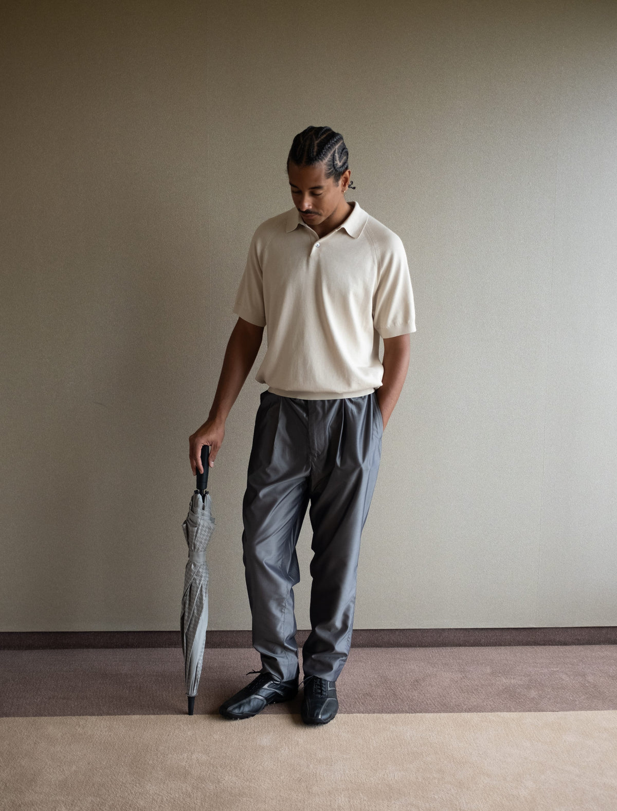 Pierre FW26 campaign, Short Sleeve Knit Polo in Cream with Silk & Nylon Trousers