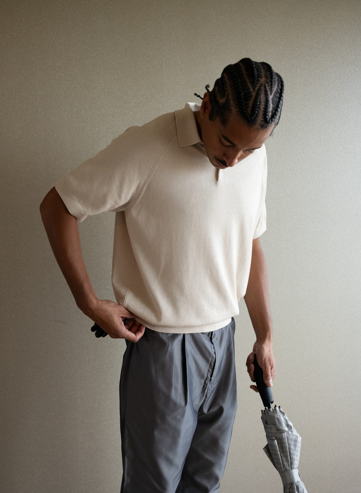 Pierre FW26 campaign, Short Sleeve Knit Polo in Cream