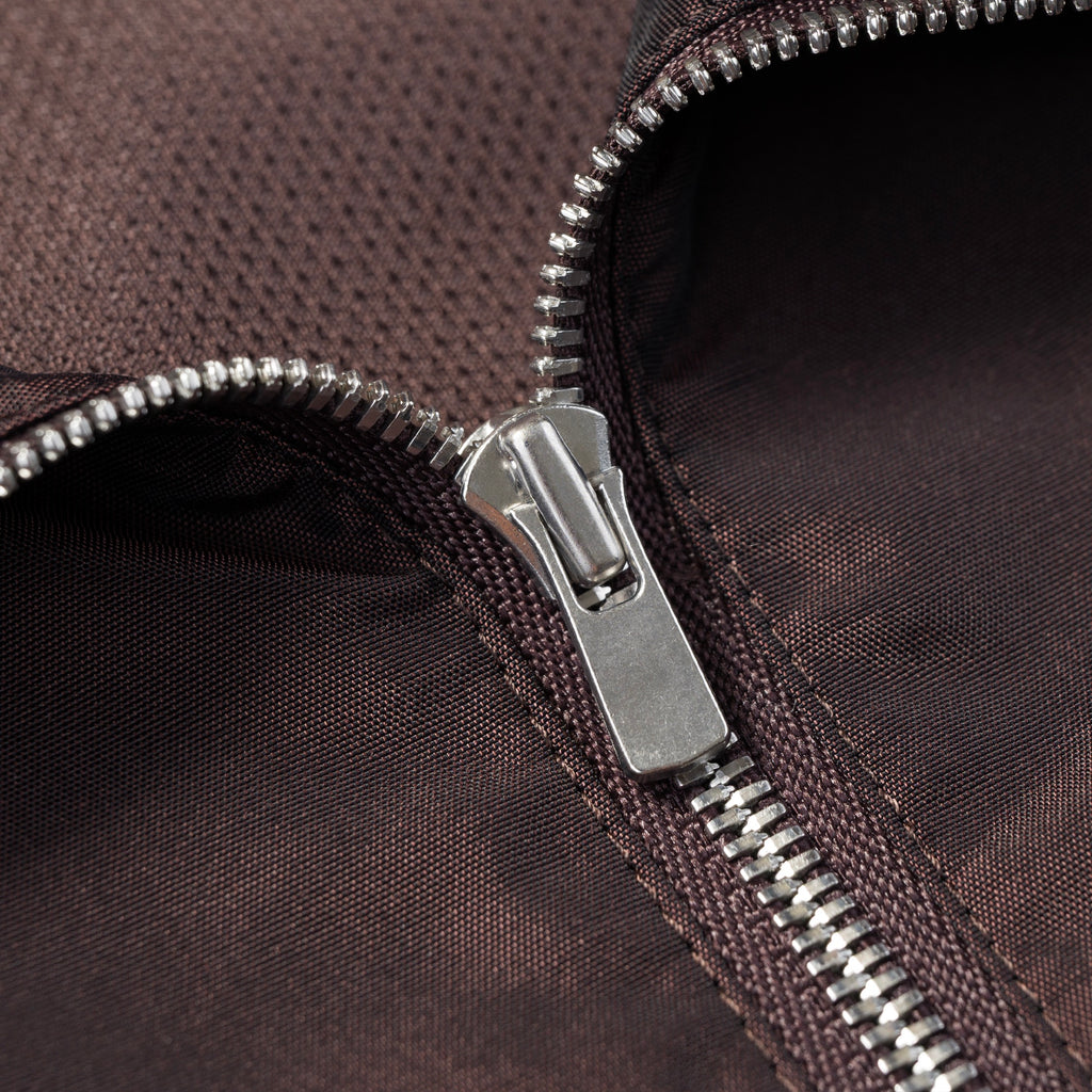 Silk & Nylon Quarter Zip Jacket in Brown, zip detail