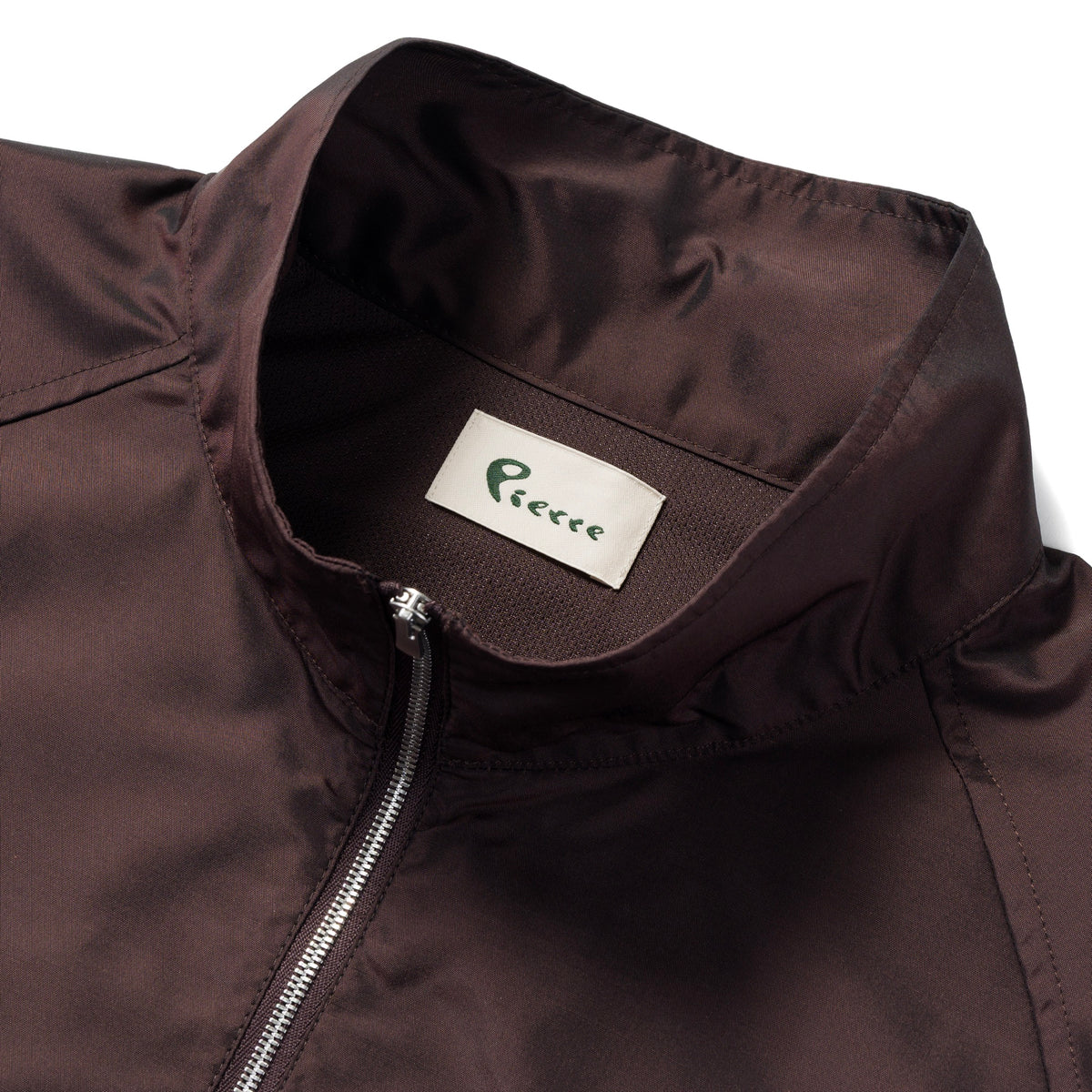 Silk & Nylon Quarter Zip Jacket in Brown, collar and label