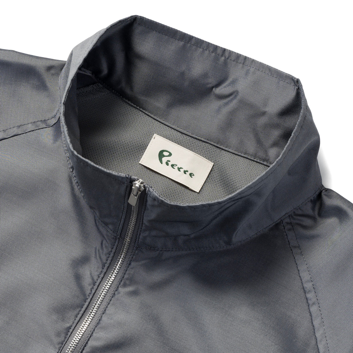 Silk & Nylon Quarter Zip Jacket in Gray, collar and label