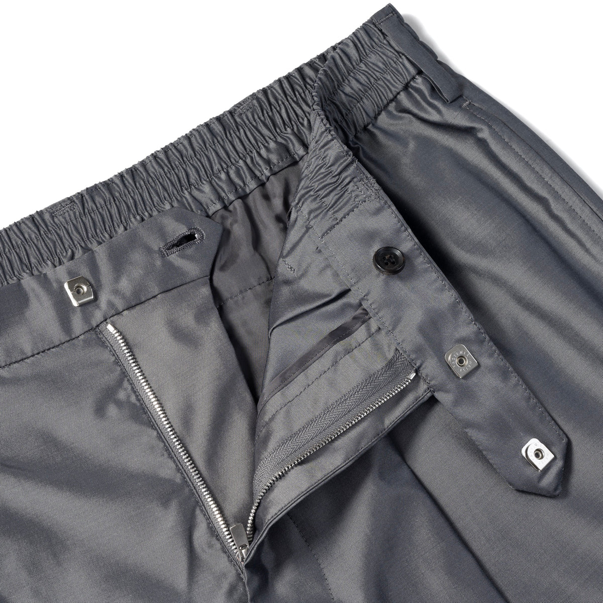 Silk & Nylon Trousers in Gray, fly and fastening