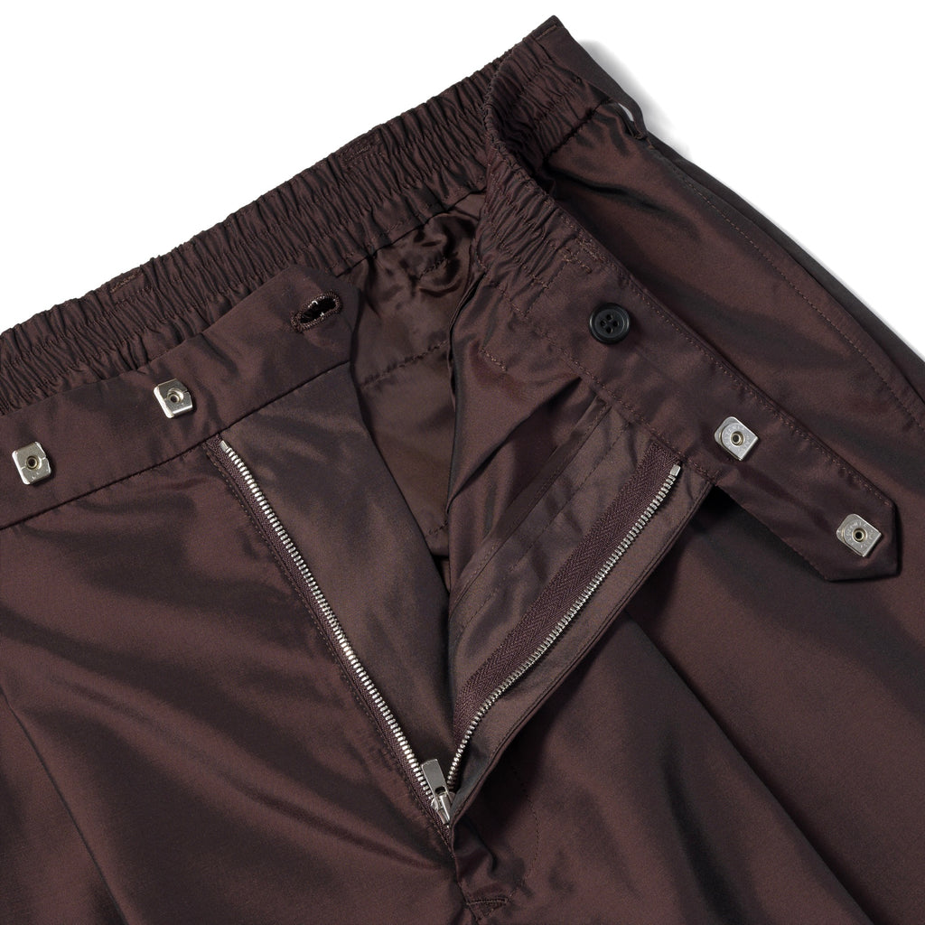 Silk & Nylon Trousers in Brown, fly and fastening