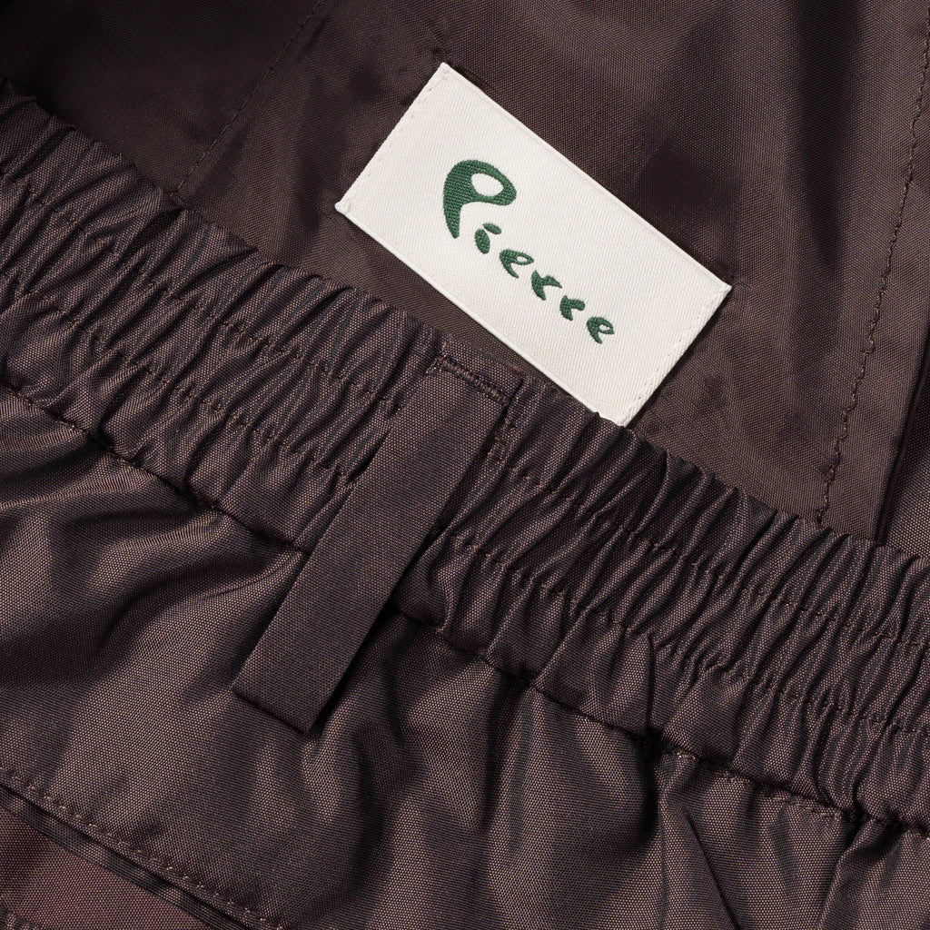 Silk & Nylon Shorts in Brown, waistband and label